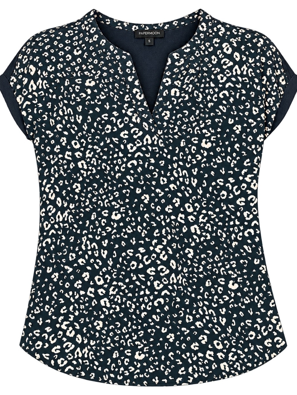 Papermoon Leopard Print V-Neck Short Sleeve Blouse Top Black Cream Small